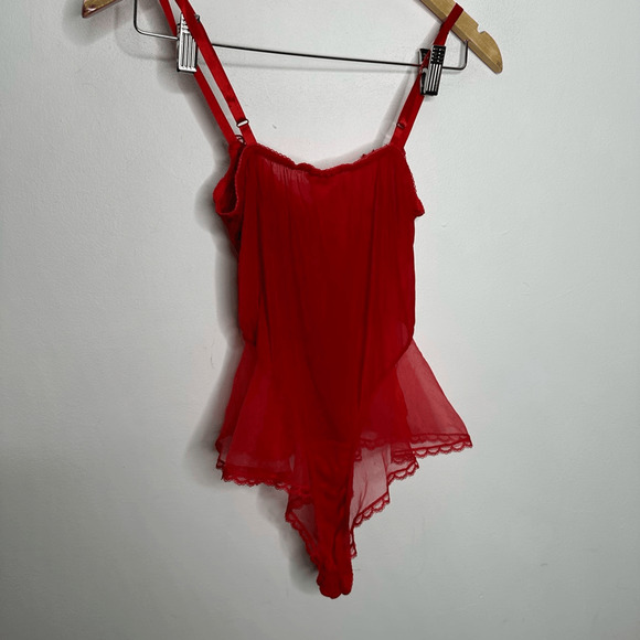 VTG 80s VERONIQUE semi sheer lace mesh teddy red sissy beaded Lingerie womens S - Picture 8 of 9